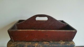 Primitive Antique Farmstead Tote Carrier Cutlery Tray.  Old Red Paint.  Aafa