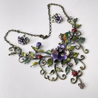 Vtg Enamel Demi Parure Necklace & Earring Purple Flower Butterfly Ladybug (y103)
