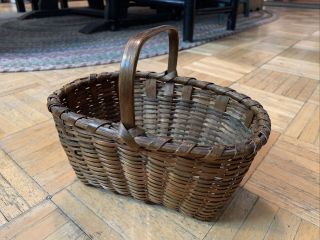 Mid 19th Century Sm Handled Splint Basket Tightly Woven Great Form W Color