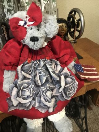 Primitive Americana Teddy Bear Doll,  Old Hanky,  Flag,  Folk Art Teddy Bear Doll