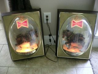 Pair Vintage Budweiser Clydesdale Bubble Dome Lighted Beer Bar Light Horse Set