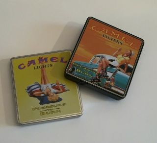 2 Camel Cigarette Tins Pleasure To Burn Pin Up Girls Lights & Filters Germany