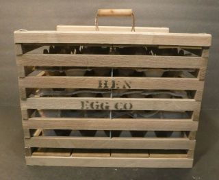 Vtg.  Hen Egg Co.  Re - Pop Primitive Wooden Slats Egg Crate Box Carrier Farm Decor
