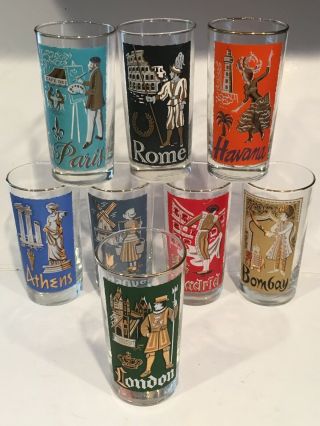 Vintage Mcm Libbey International Cities Of World Drinking Glasses Tumbler Set 8