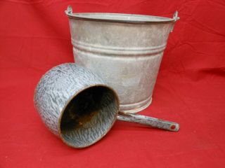 Primitive Vintage 10 Galvanized Metal Bucket Pail With Granitewear Dipper Ladle