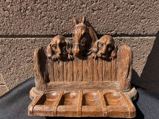 Vintage Syroco Wood 4 Pipe Stand Holder Fence Horse & Dogs
