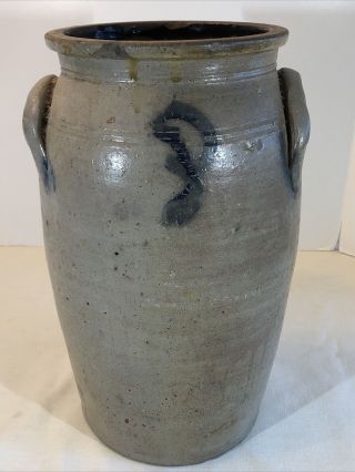 Old Antique 19th C.  Cobalt Blue Decorated Stoneware 15 " Butter Churn Crock Jug