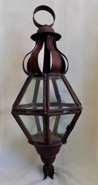 Antique Primitive Candle Lantern Copper Glass Panes