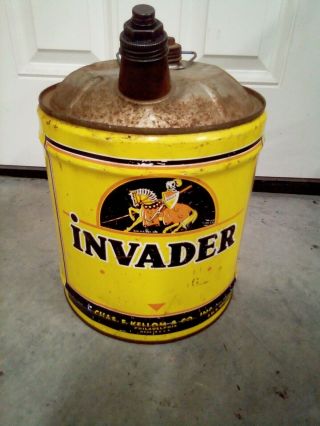 Vintage Invader Motor Oil Can 5 Gallon Knight Graphic Sign Gas Station Auto