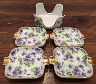 Vintage Lefton China Hand Painted Purple Floral Ashtrays Set Of 4 Gold Trim