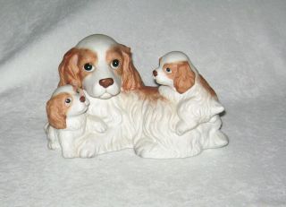 Vintage Large Bisque Porcelain Cocker Spaniel With Puppies Figurine By Homco