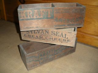 Group Of Vintage Wooden Cheese Boxes / Kraft,  Sylvan Seal Cream Cheese