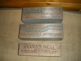 Group of Vintage Wooden Cheese Boxes / Kraft,  Sylvan Seal Cream Cheese 2