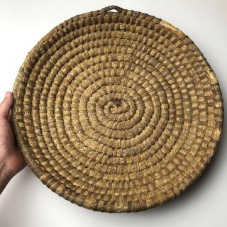 Antique 19th C Large Straw Dark Rye Grass Coiled Handwoven Basket Folk Art