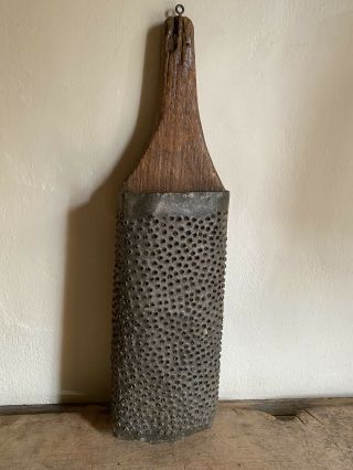 Best Early Antique Hand Punched Tin Wood Grater Patina Aafa Form Hanging Big