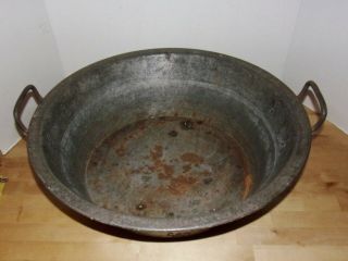 Large Deep Antique Primitive ' Shabby - Chic ' Metal Wash Tub w/Carrying Handles 2