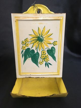 Vintage Antique Tin Metal Rustic Wall Mount Match Box Holder Yellow Flowers 6”