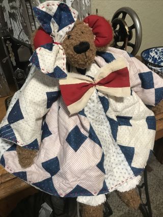 Primitive Americana Teddy Bear Doll,  Antique Quilt,  Folk Art Teddy Bear Doll