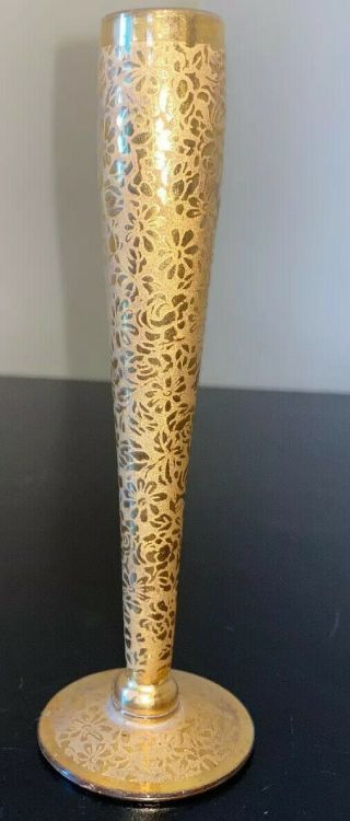 Vintage Ransgil Crystal 22k Gold Floral Overlay Bud Vase W/ Label 6” Tall