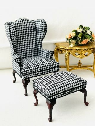 Dollhouse Miniature Bespaq Black & White Pied - De - Poule Wing Chair Ottoman 1:12
