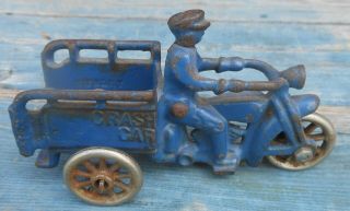 Antique Cast Iron Hubley " Crash Car " Motorcycle Toy 4 1/2  Long