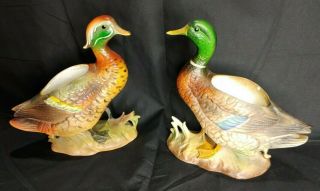 Vintage Set Of 2 Ceramic Mallard Duck Figurine Planters Japan