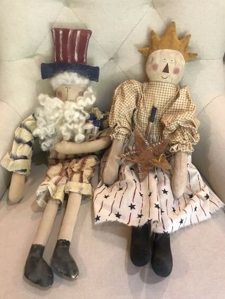 Handmade Primitive/folk Art Uncle Sam/lady Liberty Patriotic Cloth Rag Dolls