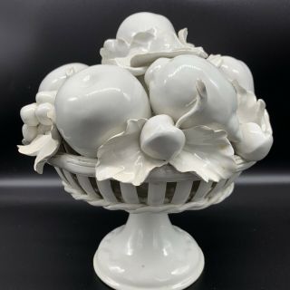 Vintage Italian Made White Porcelain Fruit Centerpiece Pedestal Basket