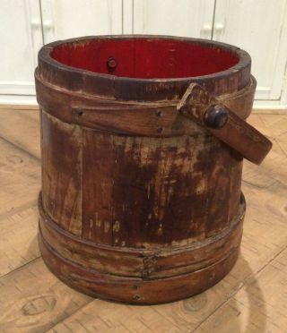 Antique Primitive Sugar Firkin Banded Wood Bucket W/swing Handle & Red Interior