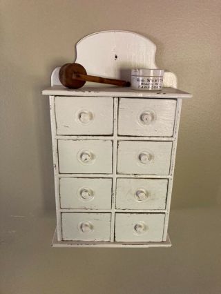 Antique Primitive Wooden 8 Drawer Wall Mount Spice Cabinet Painted White