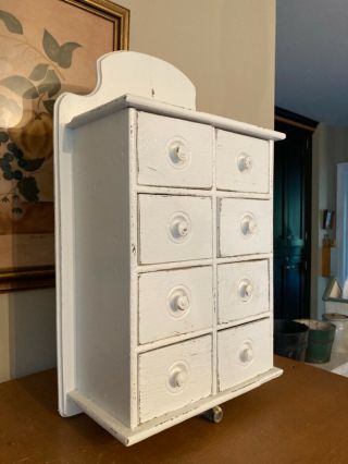 ANTIQUE PRIMITIVE WOODEN 8 DRAWER WALL MOUNT SPICE CABINET PAINTED WHITE 2