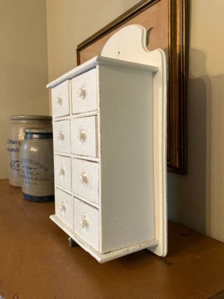 ANTIQUE PRIMITIVE WOODEN 8 DRAWER WALL MOUNT SPICE CABINET PAINTED WHITE 3