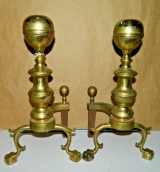 Vintage Virginia Metalcrafters Brass Cannonball Style,  Andirons,  17.  5 " Tall