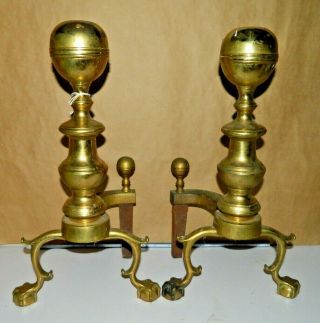 VINTAGE VIRGINIA METALCRAFTERS BRASS Cannonball Style,  ANDIRONS,  17.  5 