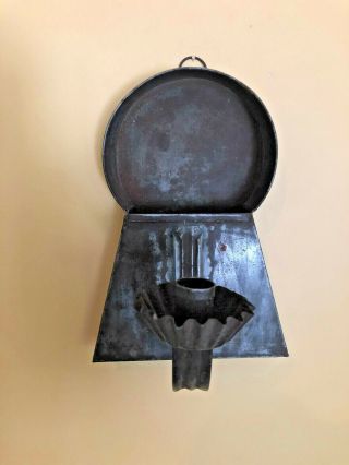 Antique Early Colonial 19th Century Key Hole Tin Candle Box & Sconce