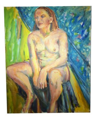 Vintage 30 " Oil Painting Canvas Nude Woman Sitting Signed Evelyn Mcelroy