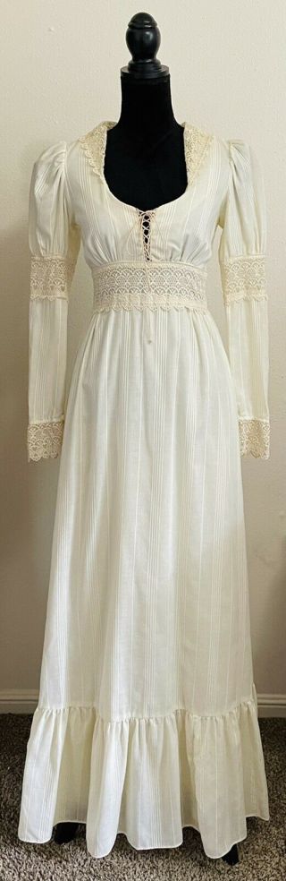 Vtg 70s Gunne Sax Jessica Romantic Bridal Prairie Ivory Corset Lace Dress Sz 11