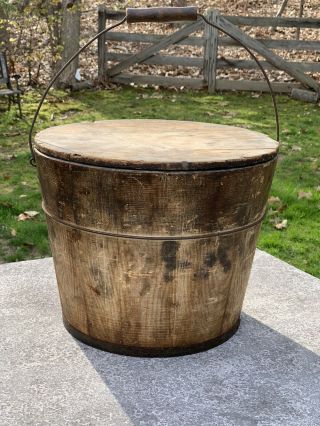 Aafa Antique Primitive Wooden Bucket Pail With Wire Bail Handle And Lid