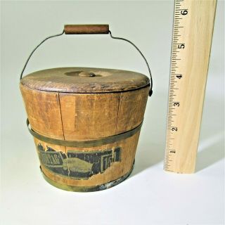 Antique 4 " Wood Bucket W/ Handle,  Lid & Label By E.  Murdock Co.  Winchendon,  Ma