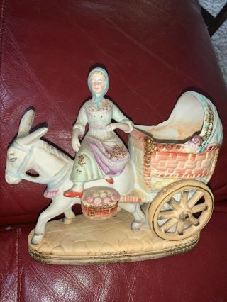 Lipper & Mann L&m Inc.  Porcelain Planter Lady On Donkey With Carriage Vintage
