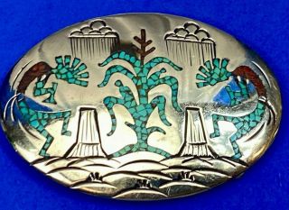 Navajo Vintage Belt Buckle Nickel Silver Inlaid Turquoise Coral Signed Sd