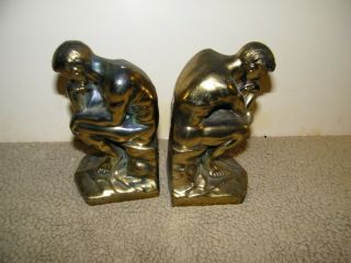 Vintage The Thinker Thinking Man Brass Finish Metal Bookends
