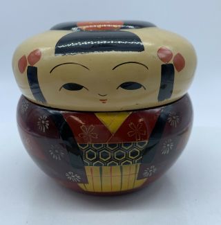 Vintage Japanese Hand Painted Lacquer Round Wood Trinket Box 3 1/4” X 3 3/4”