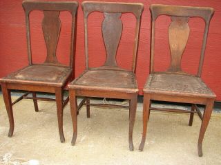 3 Antique Oak Formal T - Back Vase Back Dinning Room Chairs For Restoration 119