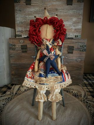 Folk Art Primitive Americana Usa Patriotic Stars Raggedy Lady Liberty Ann Doll