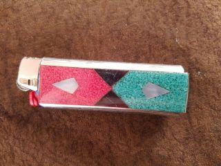 Vtg Cover Case Navajo Lighter Holder Silver Turquoise Coral Onyx Western for Bic 2