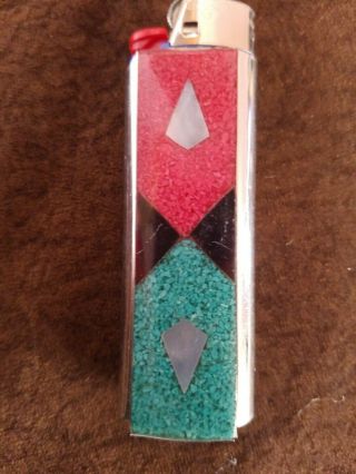 Vtg Cover Case Navajo Lighter Holder Silver Turquoise Coral Onyx Western for Bic 3