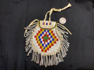 Vintage Sioux Native American Indian Beaded Belt Pouch Loaded With Tin Cones