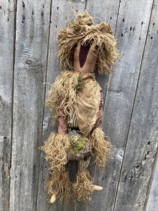 Primitive Grungy Scarecrow With Blue Coverlet Pumpkin Fall Autumn Halloween Doll