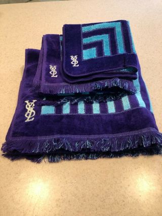 Vintage 70s Ysl Fieldcrest 3 Piece Towels Set Purple Blue Geometric